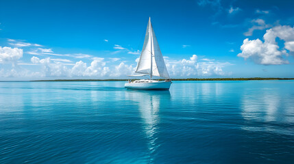 Obraz premium Sailboat cruising on calm blue waters under a clear sunny sky in the Caribbean