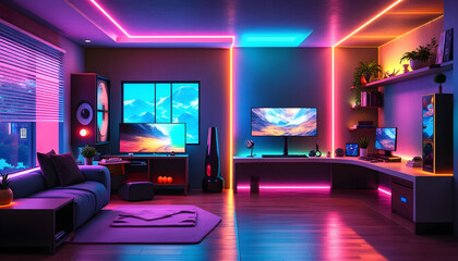 Modern Gaming Room Interior Design with Neon Lights and Futuristic Decor