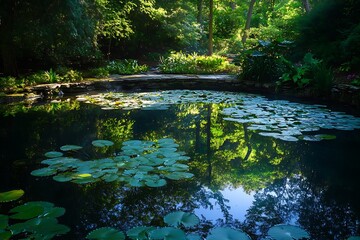 Peaceful pond with water lilies and reflection of trees, serene nature scene
