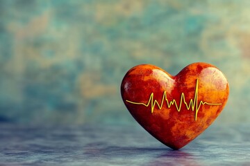 Fototapeta premium Wooden Heart with Cardiogram Line A Rustic Wooden Heart with a Vibrant Cardiogram Display Symbolizing the Connection Between Nature Health and Emotional Wellbeing