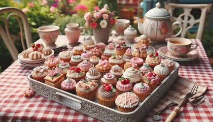 Naklejka premium Kleine hübsche Kuchen auf einem Tisch in einem wunderschönen Garten
