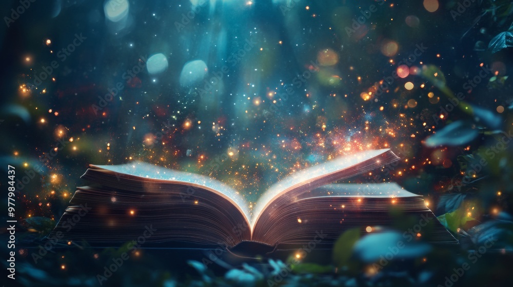 Poster magical open book emitting light and sparkles in a mystical forest setting
