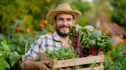 Portrait farmer holding wooden box full beets with bright red stems lush leaves middle farm field