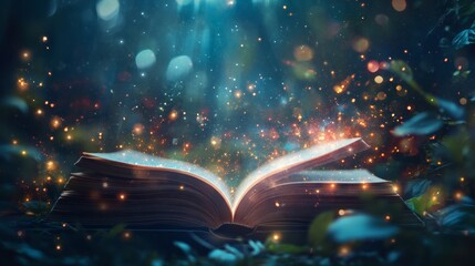 Magical open book emitting light and sparkles in a mystical forest setting