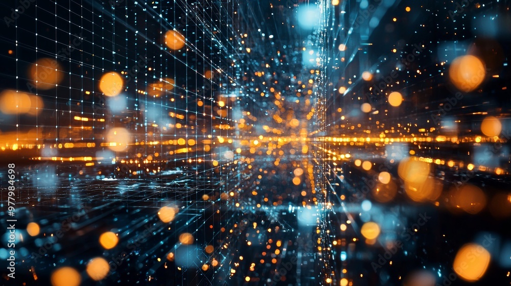 Poster abstract glowing network of lights and data representing digital communication