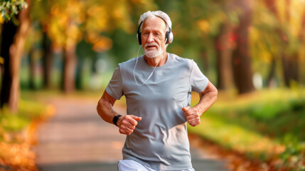 Fototapeta premium Morning Run Elderly man in sportswear and headphones jogging in park. Outdoor activity