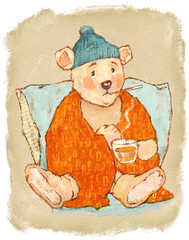 Sick Little Teddy Bear Illustration