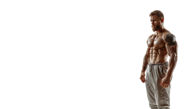 shirtless, muscular bodybuilder with a serious expression, showcasing his sculpted physique and tattoos, while standing in light gray sweatpants. Isolated background.