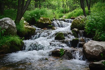 Waterfall flowing over rocks in a green forest. Peaceful nature background