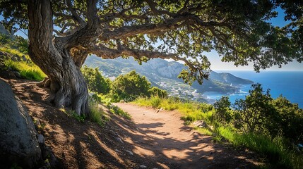 Path through nature with large tree, hills and ocean in background