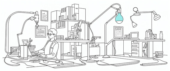 Illustrative abstract depiction in fine line drawing of a scientist performing scientific experiments in a laboratory