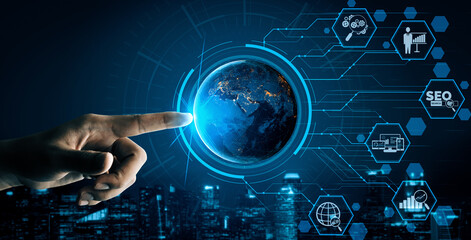 SEO - Search Engine Optimization for Online Marketing Concept. Modern interface showing symbol of...