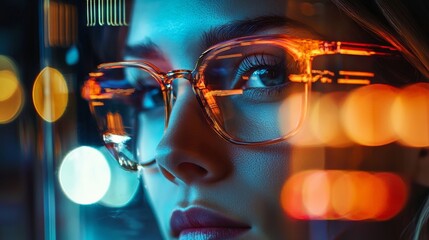 Fototapeta premium Close-up of woman wearing orange glasses with city lights reflections