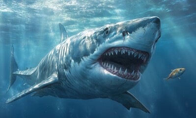 Fototapeta premium Megalodon Shark Swimming in the Ocean with Mouth Open – A Glimpse into Prehistoric Marine Life