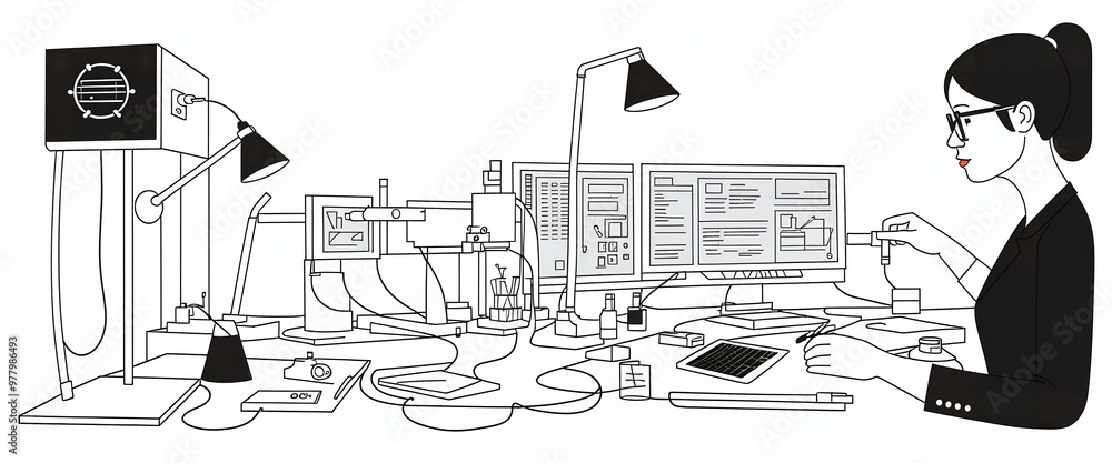 Wall mural illustrative abstract depiction in fine line drawing of a scientist performing scientific experiment