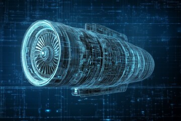 Digital Heart of Power: A futuristic jet engine rendered in blue schematics, symbolizing technological advancement in aviation engineering.