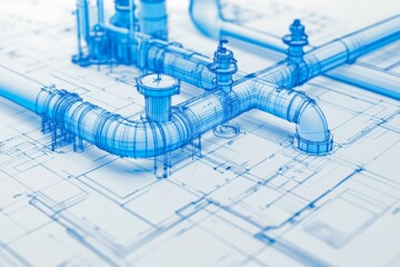 Blueprint of Industrial Flow: Transparent pipelines rise from intricate blueprints, symbolizing the seamless integration of planning and construction in modern engineering. 