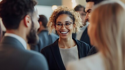 Obraz premium Smiling Woman in Glasses Surrounded by People