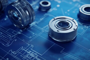 Precision and Design: Close-up of shiny metal bearings on a blueprint, highlighting intricate details and highlighting the precision of engineering.