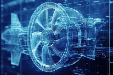 Engineered for Innovation: A captivating close-up of a translucent, digital engine design rendered in a vibrant blue hue. The intricate details of the turbine blades and internal mechanisms are highli