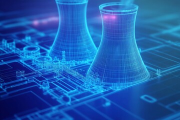 Cybernetic Power Plant: A mesmerizing digital rendering of a futuristic power plant, with glowing blue and red neon lines outlining the intricate structure of the facility.  The image evokes a sense o