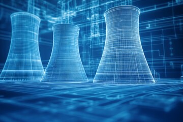 Digital Blueprint of Power:  Wireframe rendering of nuclear power plant cooling towers, evoking themes of energy, innovation, and progress.  The blue tones and intricate design create a sense of techn