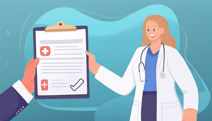 Doctor presenting a medical insurance policy contract, illustration generated AI