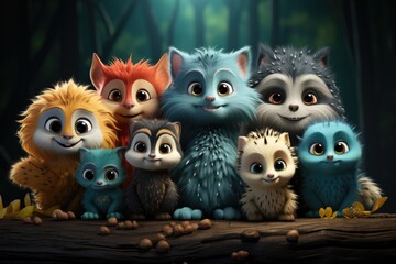 The group of cartoon animals are group together in a blue background generative , generative IA