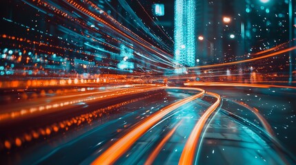 Abstract light trails on city street at night with bokeh effect