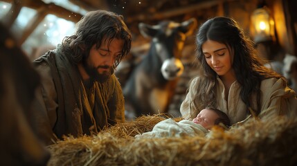 In a rustic stable, newborn Jesus lies in a manger filled with straw, surrounded by Joseph and Mary.  © GlimmyGlyphs