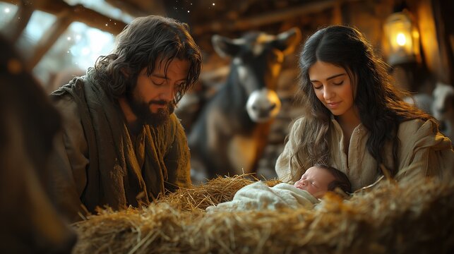 In a rustic stable, newborn Jesus lies in a manger filled with straw, surrounded by Joseph and Mary. 
