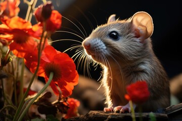 Fat Flore Tail Cute gerbil crawling in Garbil's fat red flower on the flower, generative IA