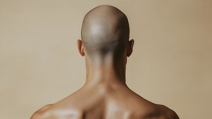 Bald male head with detailed skin texture viewed from the back against a plain light background