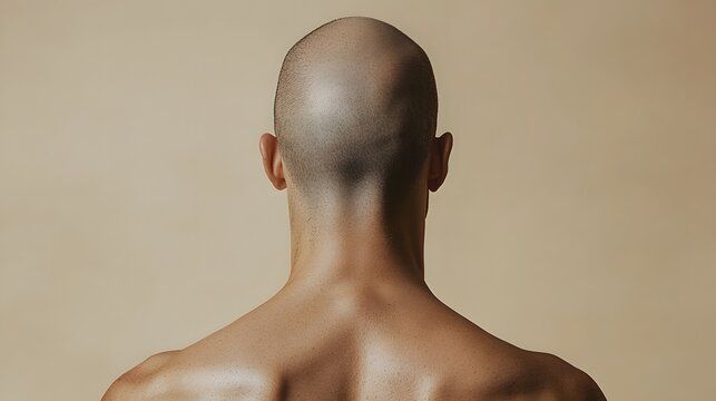 Bald male head with detailed skin texture viewed from the back against a plain light background