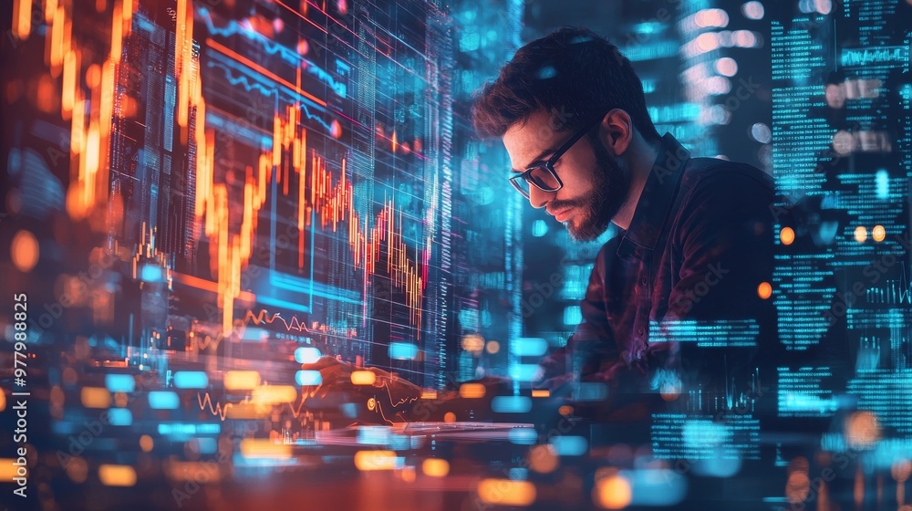 Poster man analyzing stock market data on multiple digital screens