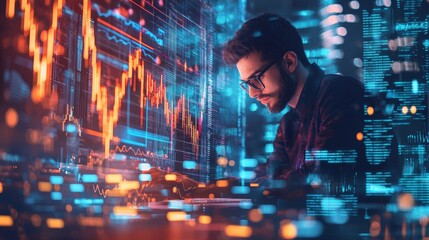 Man analyzing stock market data on multiple digital screens