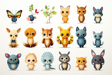 Fototapeta premium Set of cute animals in cartoon style vector illustration in the white background, generative IA