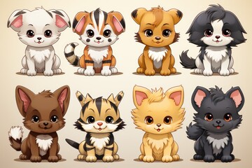 Cute Animals Collection Set Illustration Manga Style, generative IA