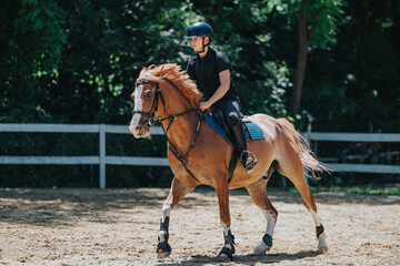 A young equestrian practicing horseback riding in an outdoor arena under the bright sun. Horse in...