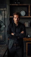 Confident man in black attire standing in a stylish room