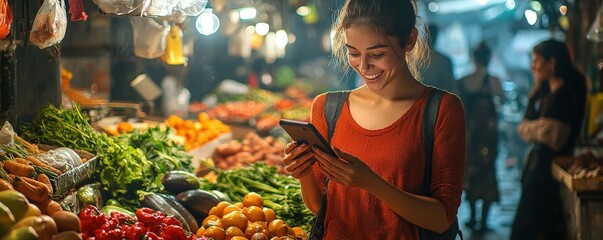 A woman holds her phone with a smile while browsing a bustling market, surrounded by a vibrant array of fresh vegetables and fruits, her enthusiasm capturing the lively and healthy ambiance of the