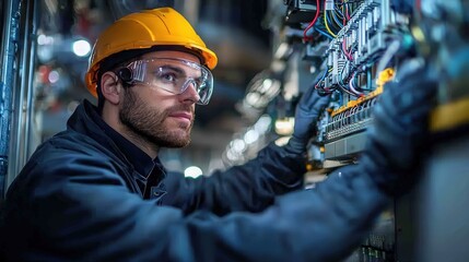 A skilled technician in protective gear adjusts and inspects an array of wires and control panels in a bustling industrial facility, the focus clearly on resolving electrical issues and ensuring