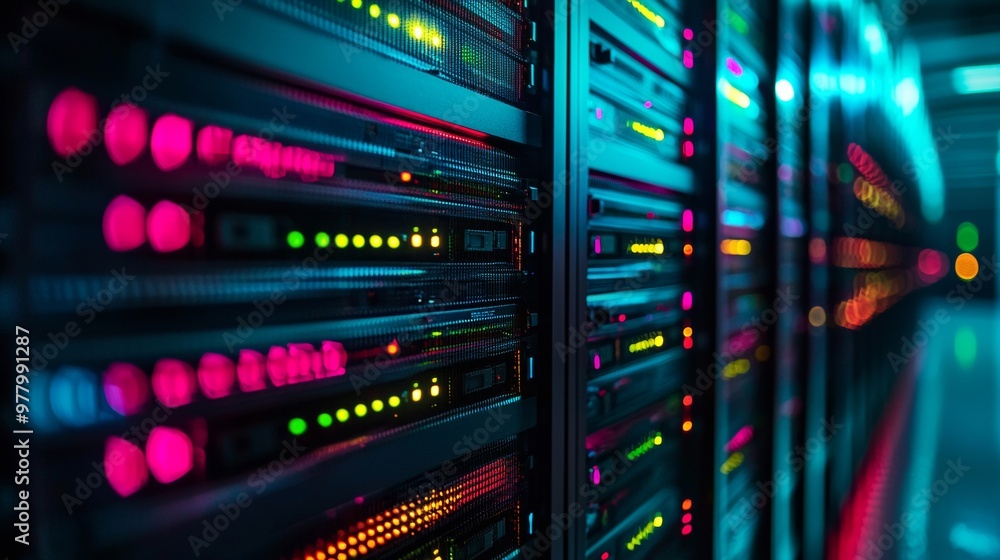 Poster colorful data servers with illuminated led lights in a dark data center