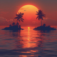 Sunset with two palm trees on small island, an orange sun sinking into sea, and seagulls distance