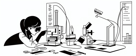 Illustrative abstract depiction in fine line drawing of a scientist performing scientific experiments in a laboratory