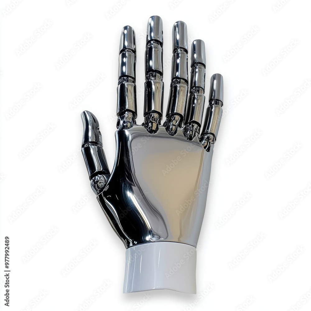 Poster A silver robot hand on a white background with the fingers extended, AI