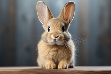 Obraz premium A rabbit with nose and blue eyes sits on a light pink background., generative IA