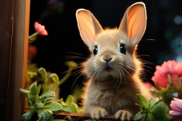 Obraz premium A rabbit with pink ears and pink nose sits on a green background., generative IA