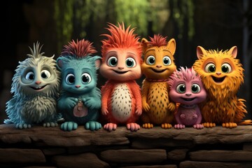 A group of cartoon animals with different faces and generative colors there, generative IA