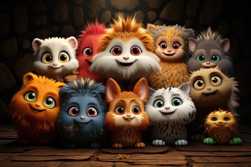 A group of cartoon animals with different faces and generative colors there, generative IA